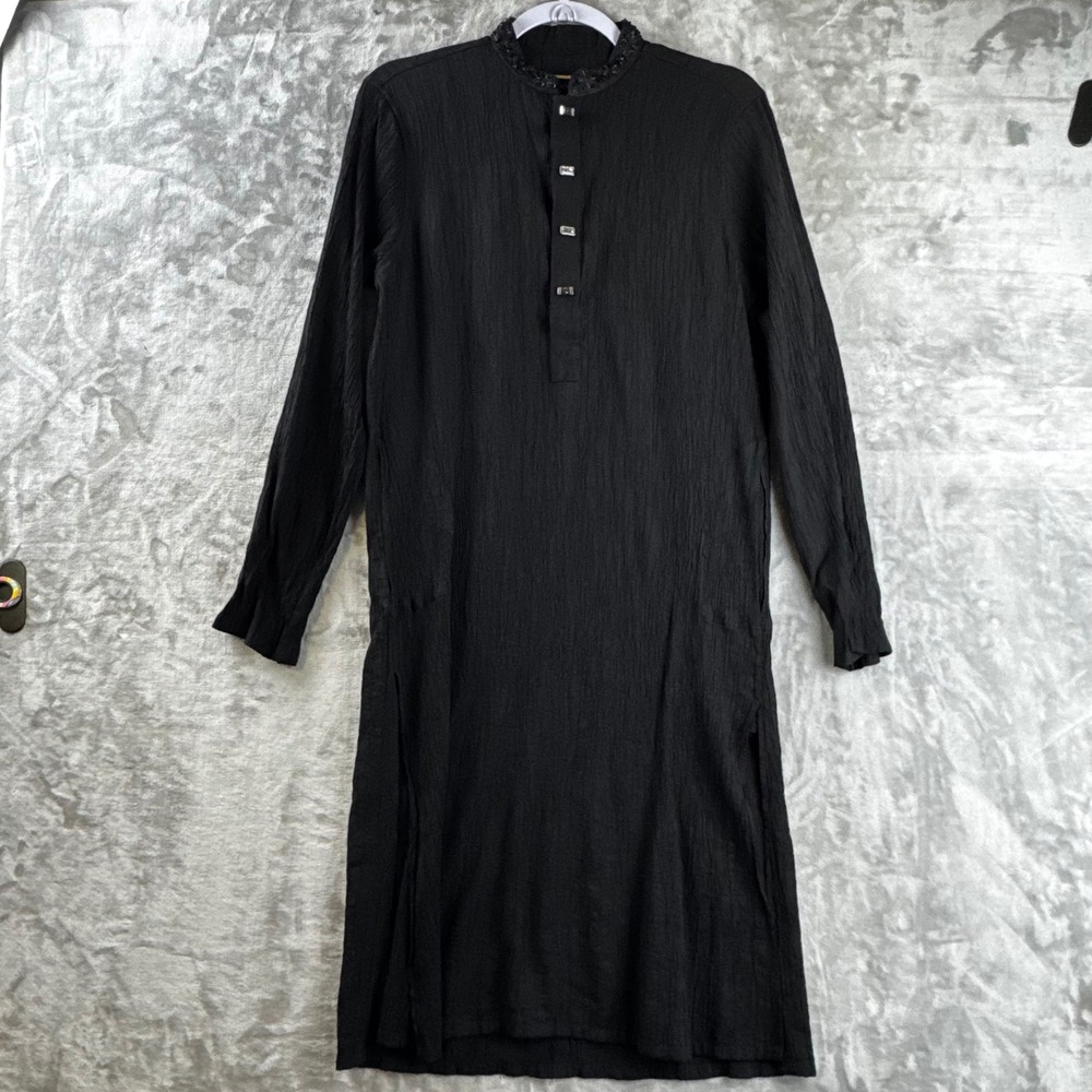 B2WIN Tunic‎ Dress Womens 40 Black Crinkle Beaded Collar Long Sleeve (1693)